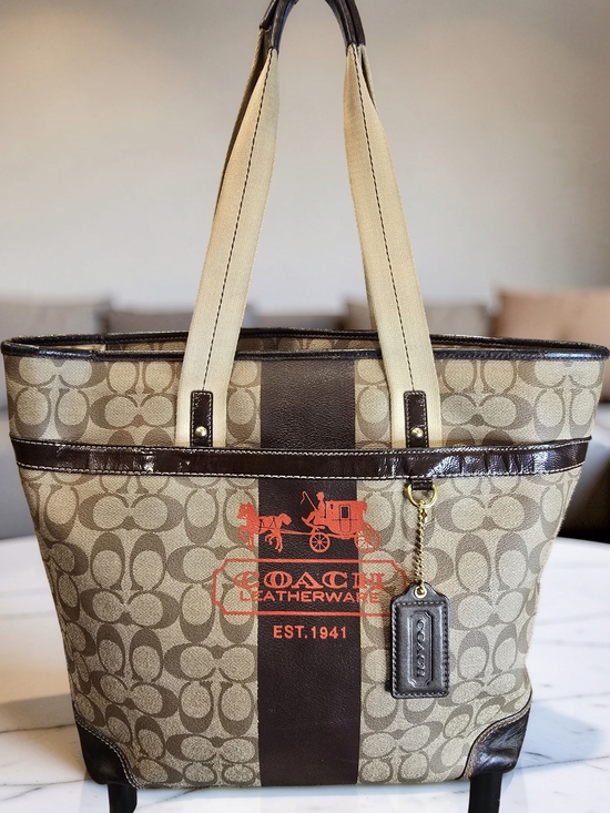 Coach Handbags - Coach Heritage Stripe Signature Canvas Medium Tote Bag